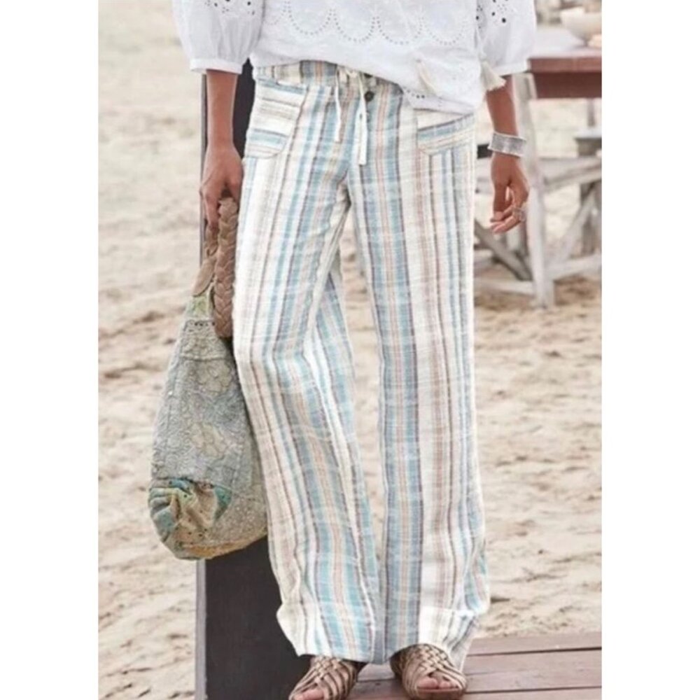 Sundance Striped Straight-Leg Pants in Blue, Cream & Tan